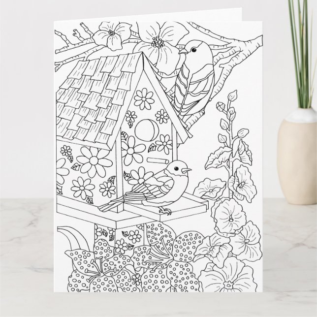 Cartão Bluebirds and Hollyhock Color-It-Yourself (Frente)