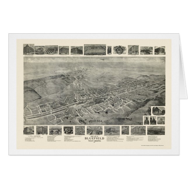 Cartão Bluefield, mapa panorâmico de WV - 1911 (Frente Horizontal)