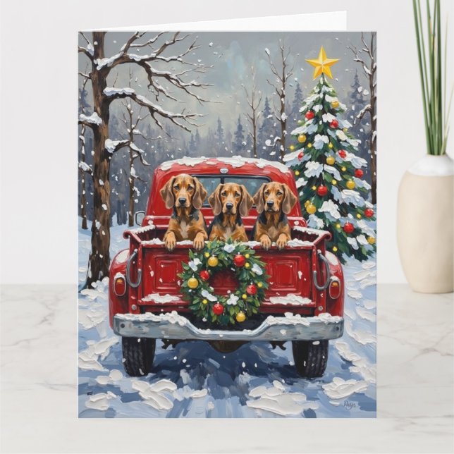 Cartão Bluetick Coonhound Christmas Red Truck Holiday (Frente)