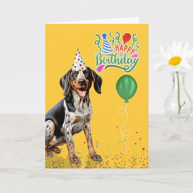 Cartão Bluetick Coonhound Dog Party Hat Yellow Birthday (Planta pequena)