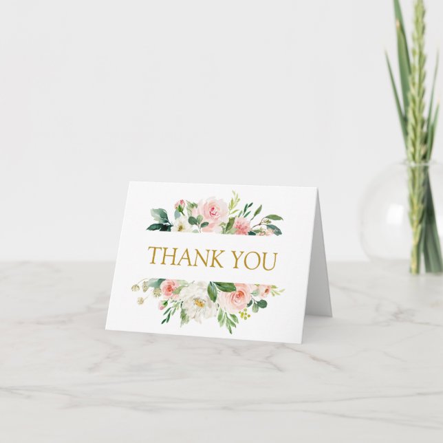 Cartão Blush Moderno | CASAMENTO Dourado FLoral OBRIGADO (Frente)