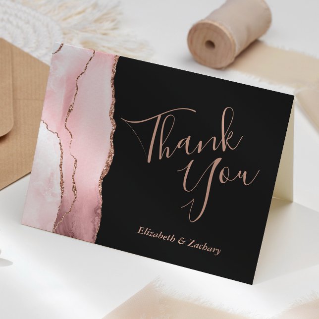 Cartão Blush Pink Agate Rose Gold Dark Wedding Thank You (Criador carregado)