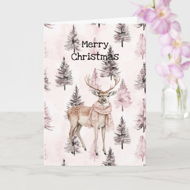 Cartão Blush Pink Cream Deer Scarf Christmas Trees (Orquídea)
