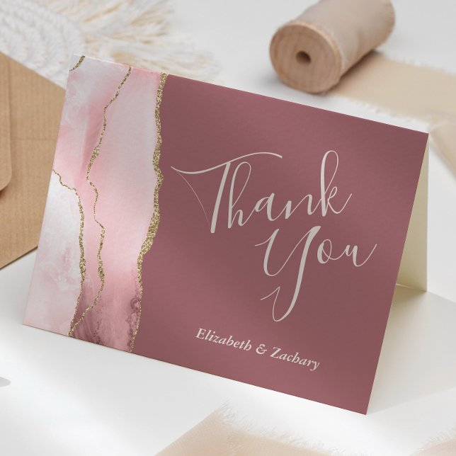 Cartão Blush Pink Dourado Agate Dusty Rosa, Obrigado (Criador carregado)
