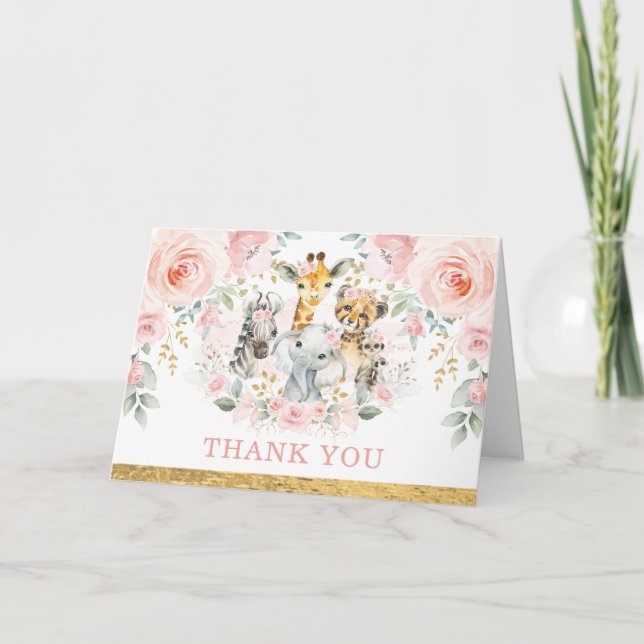 Cartão Blush Pink Flower Jungle Wild Animals Thank You (Frente)