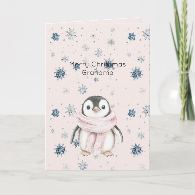 Cartão Blush Pink Penguin Snowflakes Christmas (Frente)