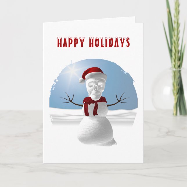 Cartão Boas Festas. Boneco de neve com cabeça de caveira  (Frente)