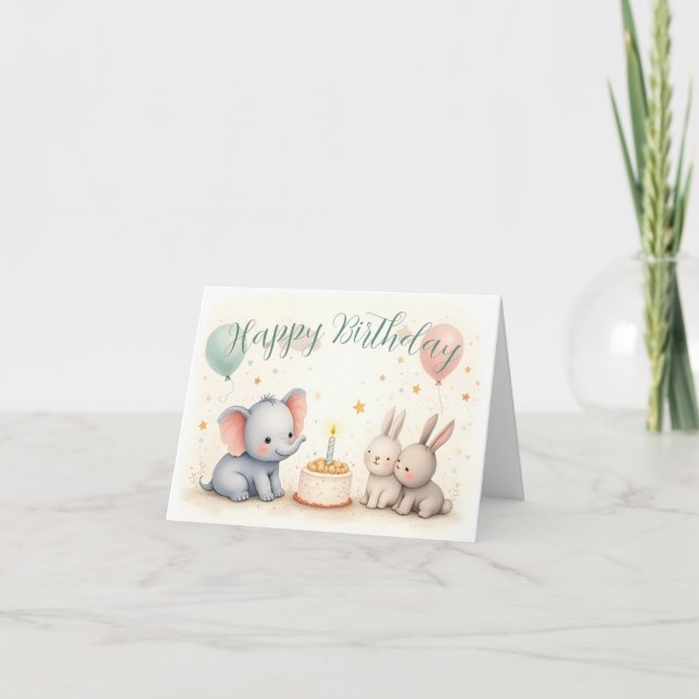 Cartão Boas saudações de aniversário com amigos animais (Frente)