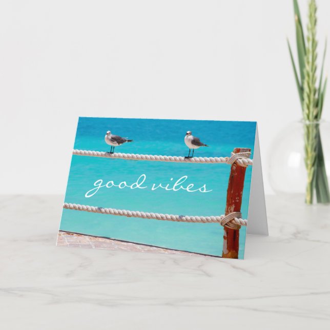 Cartão Boas vibrações citando aves marinhas praia foto oc (Frente)