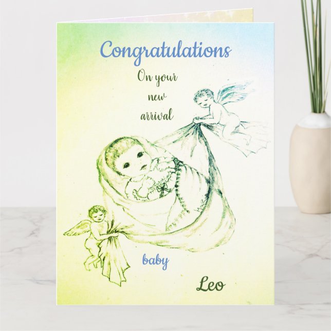 Cartão Boas-vindas ao design do New Baby Boy Cherub (Frente)