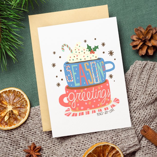 Cartão Boas-vindas Vazio quente de Natal (Seasons Greetings Retro Christmas Peace Love Joy Hot Coco Christmas Card Blank Non Photo Greeting)