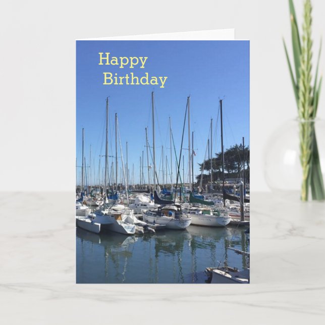 Cartão Boats in Harbor Happy Birthday Greetings Card (Frente)