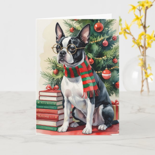 Cartão BoBoston Terrier Dog Saudação de Natal (Flor Amarela)