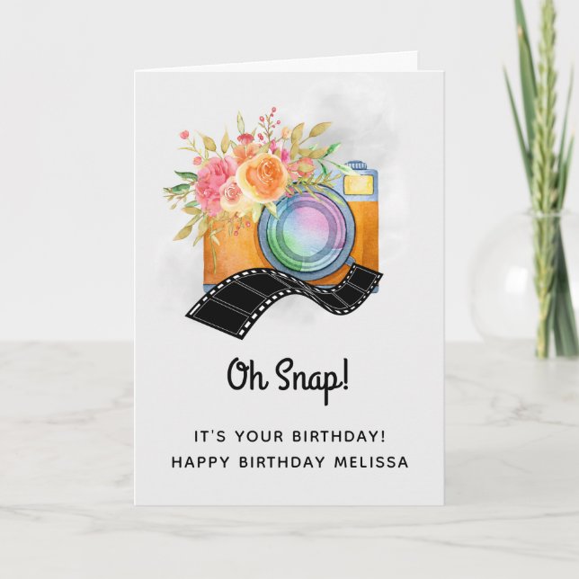 Cartão Boho Camera & Florals Watercolor Birthday (Frente)