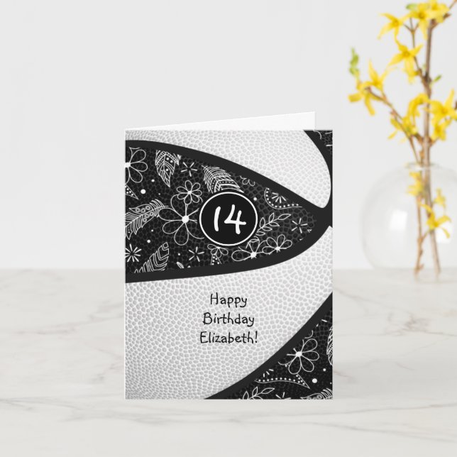 Cartão boho doodle preto branco menina basquete aniversár (Flor Amarela)