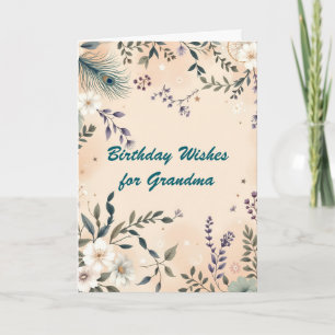Cartão Boho Flowers e Peacock Feather Avó Aniversário