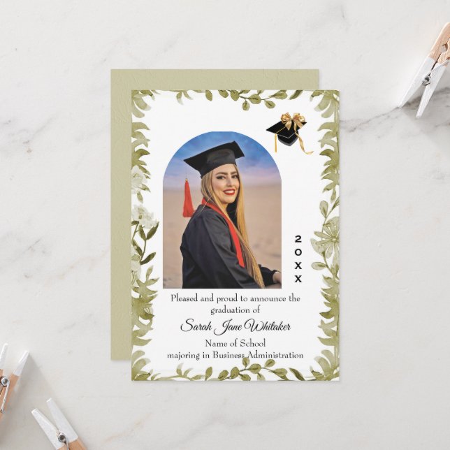 Cartão Boho Leaf Border College Graduation announcement (Frente/Verso In Situ)