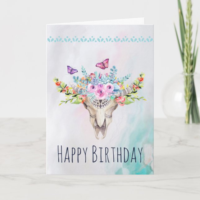 Cartão Boho Skull with Butterflies and Flowers Birthday (Frente)