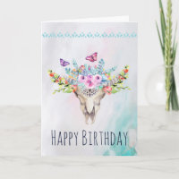 Boho Skull with Butterflies and Flowers Birthday