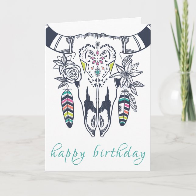 Cartão Boho Tribal Skull Bohemian com Turquoise Birthday (Frente)