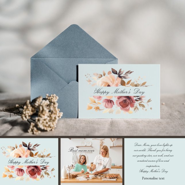 Cartão Boho watercolor personalizado foto-mãe dia (Boho water colour floral personalised photo mother’s day card.)