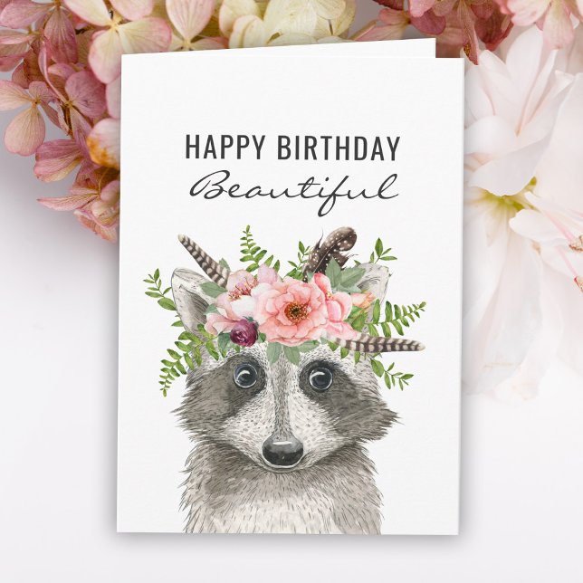 Cartão Boho Watercolor Raccoon Feliz Aniversário (Criador carregado)