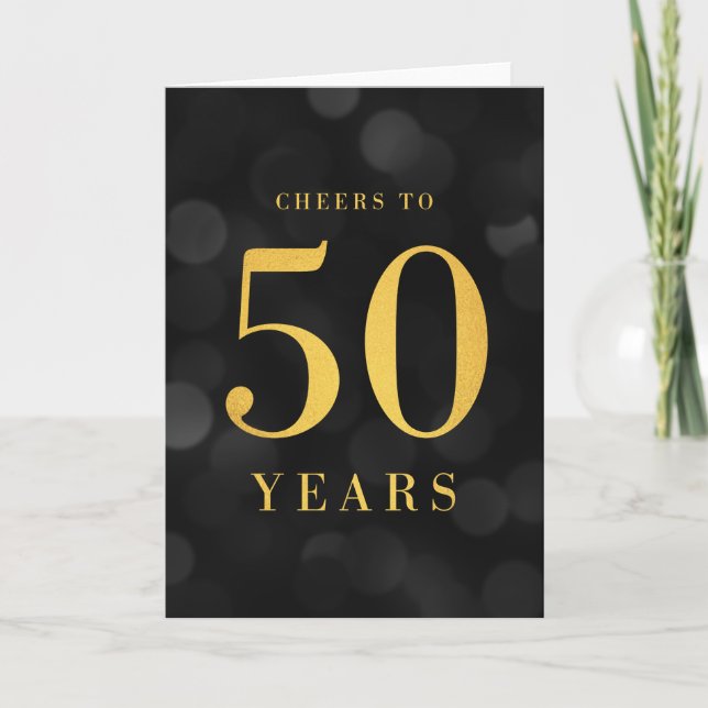 Cartão Bokeh Dourado saudações a 50 anos de aniversário (Frente)