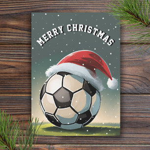 Cartão Bola de Futebol de Santa Chapéu Natal Feliz 