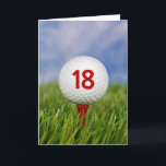 Cartão Bola de Golfe de 18º aniversário no Tee Vermelho<br><div class="desc">Bola de golfe branca na teta vermelha na grama,  no 18.º aniversário. O número de idade na bola de golfe pode ser mudado.</div>