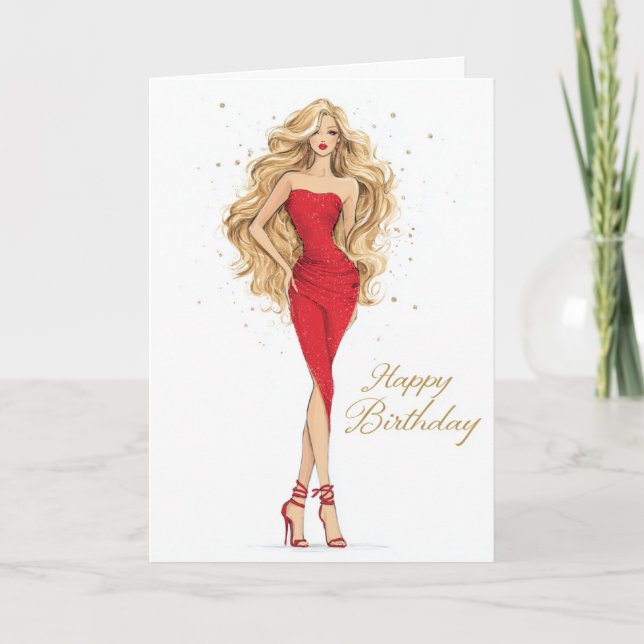 Cartão Bold & Beautiful Red Dress Birthday Card (Frente)