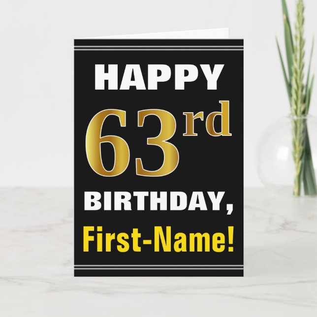 Cartão Bold, Black, Faux Gold 63rd Birthday w/ Name Card (Frente)