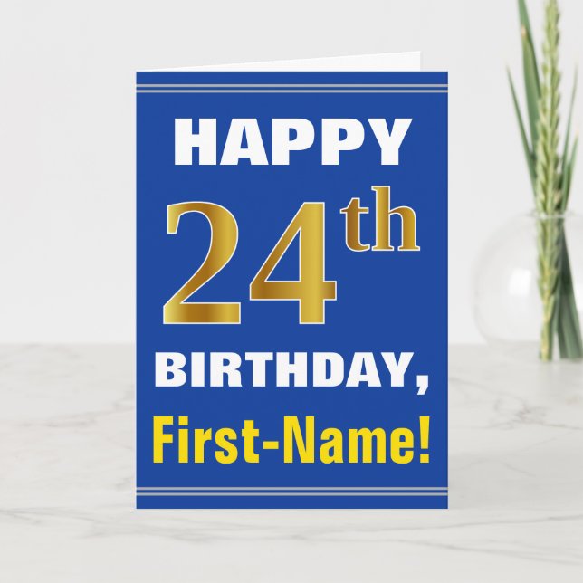 Cartão Bold, Blue, Faux Gold 24th Birthday w/ Name Card (Frente)