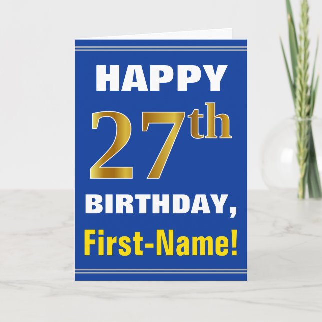 Cartão Bold, Blue, Faux Gold 27th Birthday w/ Name Card (Frente)
