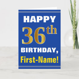 Cartão Bold, Blue, Faux Gold 36th Birthday w/ Name Card