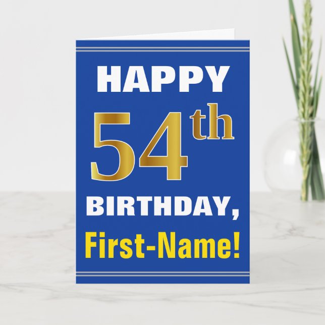 Cartão Bold, Blue, Faux Gold 54th Birthday w/ Name Card (Frente)