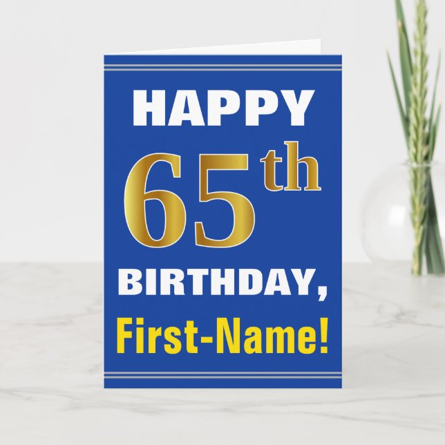 Cartão Bold, Blue, Faux Gold 65th Birthday w/ Name Card (Frente)