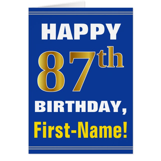 Cartão Bold, Blue, Faux Gold 87th Birthday w/ Name Card (Frente)