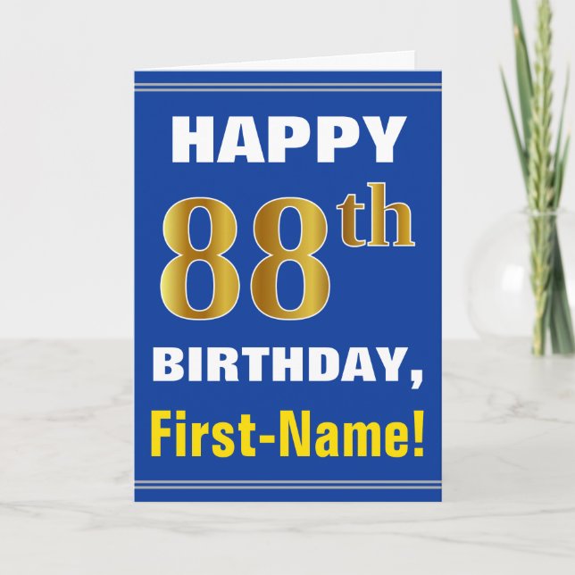 Cartão Bold, Blue, Faux Gold 88th Birthday w/ Name Card (Frente)