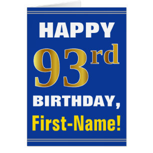 Cartão Bold, Blue, Faux Gold 93rd Birthday w/ Name Card