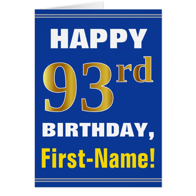 Cartão Bold, Blue, Faux Gold 93rd Birthday w/ Name Card (Frente)