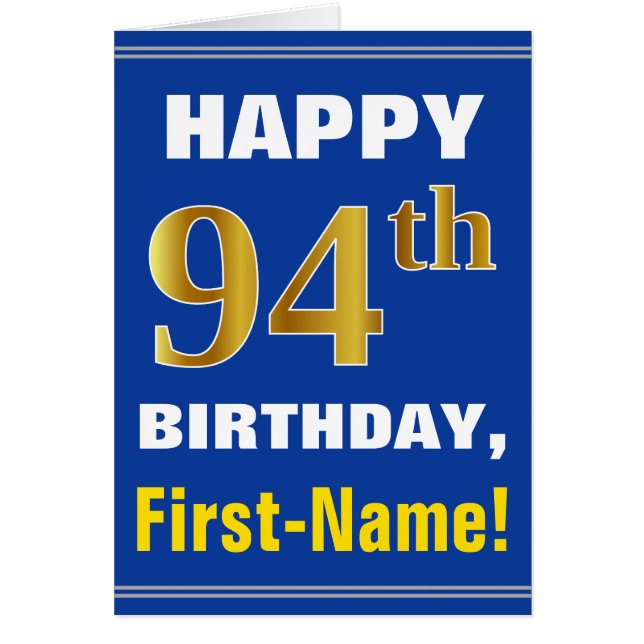 Cartão Bold, Blue, Faux Gold 94th Birthday w/ Name Card (Frente)