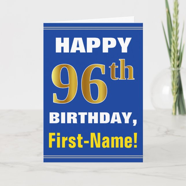 Cartão Bold, Blue, Faux Gold 96th Birthday w/ Name Card (Frente)
