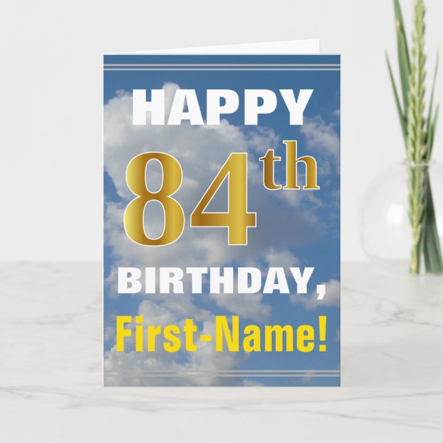 Cartão Bold, Cloudy Sky, Faux Gold 84th Birthday + Name (Frente)