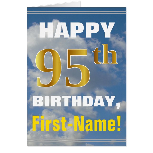 Cartão Bold, Cloudy Sky, Faux Gold 95th Birthday + Name (Frente)