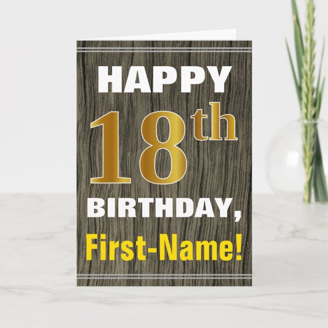 Cartão Bold, Faux Wood, Faux Gold 18th Birthday + Name (Frente)