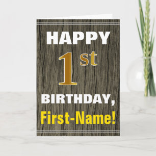 Cartão Bold, Faux Wood, Faux Gold 1st Birthday + Name