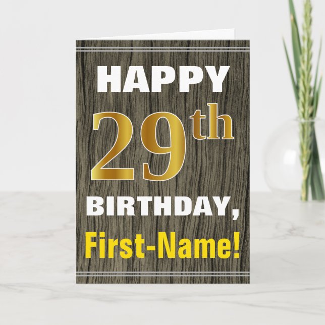 Cartão Bold, Faux Wood, Faux Gold 29th Birthday + Name (Frente)