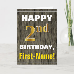Cartão Bold, Faux Wood, Faux Gold 2nd Birthday + Name