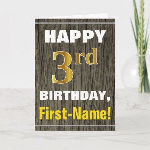 Cartão Bold, Faux Wood, Faux Gold 3rd Birthday + Name