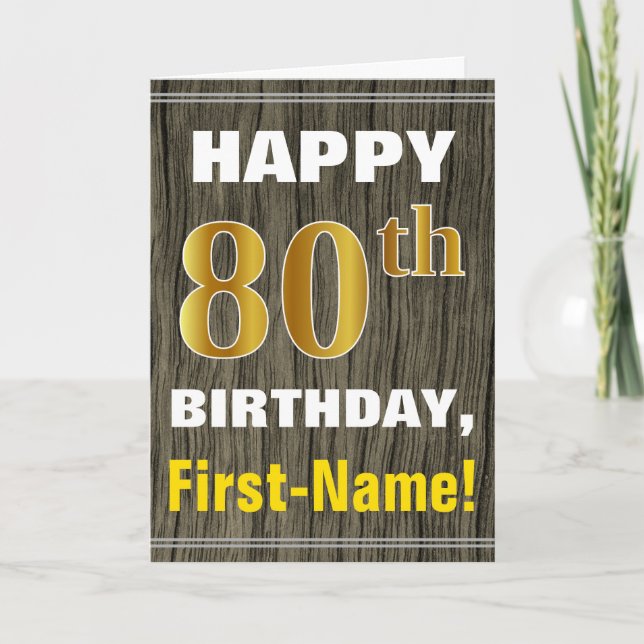 Cartão Bold, Faux Wood, Faux Gold 80th Birthday + Name (Frente)